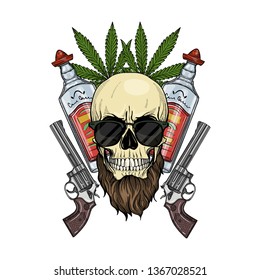 Hand drawn sketch, color skull with, beard, hemp leaf, revolver and sunglasses