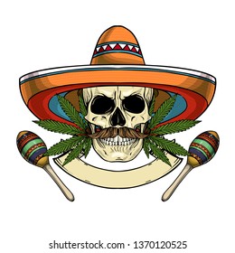 Hand drawn sketch, color skull with maracas, sombrero, hemp leaf and mustaches