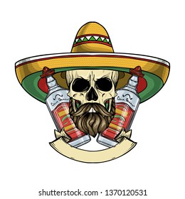 Hand drawn sketch, color skull with sombrero, beard and mustaches and tequila bottle