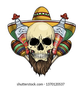 Hand drawn sketch, color skull with maracas, sombrero, beard and tequila bottle
