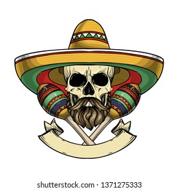 Hand drawn sketch, color skull with maracas, sombrero, beard and mustaches