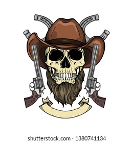 Hand drawn sketch, color skull with cowboy hat, revolver and beard
