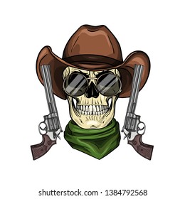 Hand drawn sketch, color skull with cowboy hat, neck scarf, revolver and glasses