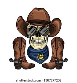 Hand drawn sketch, color skull with cowboy hat, sheriffs badge, neck scarf, cowboy boots and sunglasses