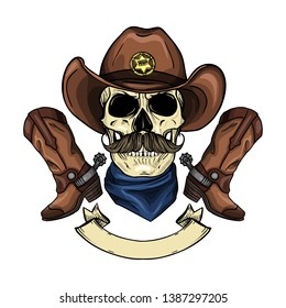 Hand drawn sketch, color skull with cowboy hat, sheriffs badge, neck scarf, cowboy boots and mustaches