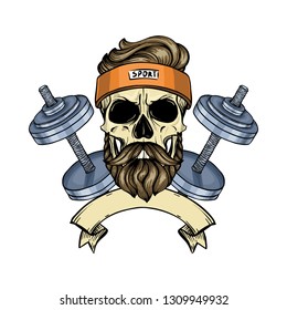 Hand Drawn Sketch, Color Sport Skull With Dumbbells, Sweat Band, Mustaches And Beard