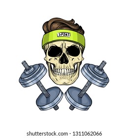 Hand Drawn Sketch, Color Sport Skull With Dumbbells And Sweat Band