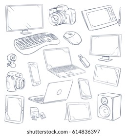 Hand drawn, sketch computer technology gadgets vector set