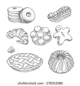 Hand Drawn Sketch Confections Dessert Pastry Bakery Products Donut, Pie, Croissant, Cookie.