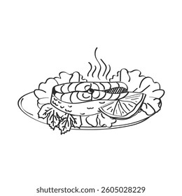 Hand drawn sketch of cooked fish. Fish steak with lemon slice and salad leaves on a round plate.