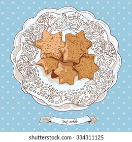 Hand drawn sketch cookies on blue background.