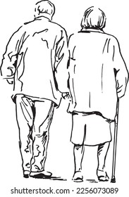 Hand drawn sketch of a couple of old people on a walk. Vector illustration.
