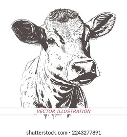 Esbozo dibujado a mano de una vaca. Retrato de un animal de granja con un estilo grabado vintage. Ilustración vectorial.