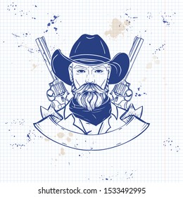 Hand drawn sketch, cowboy with beard and mustaches and guns. Poster, flyer design on a notebook page