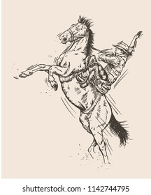 Hand drawn sketch of cowboy on horse. Vector illustration