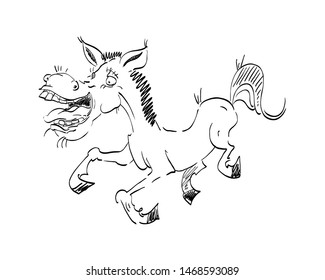 Hand drawn sketch with crazy horse. Cartoon black horse isolated on white background. 