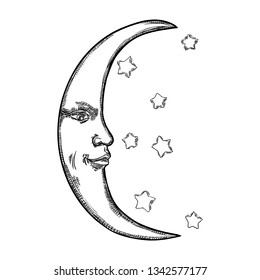 Hand drawn sketch of crescent moon human like face or anthropomorphic planet in black and white, isolated on white. Detailed antique vintage style stipple drawing. Vector.