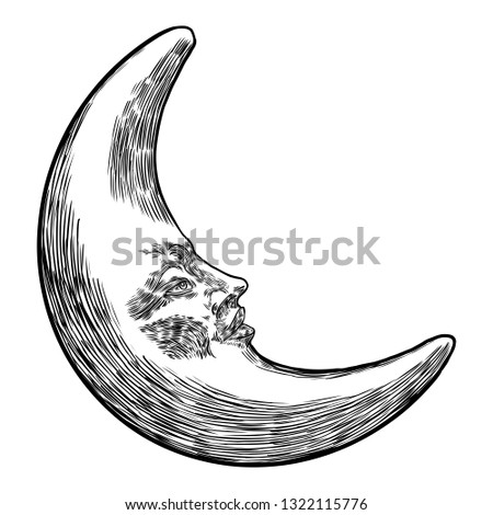 Hand drawn sketch of crescent moon human like face or anthropomorphic planet in black and white, isolated on white. Detailed antique vintage style stipple drawing. Vector.