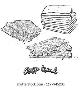 Hand drawn sketch of Crisp bread bread. Vector drawing of Crispy bread food, usually known in Scandinavia. Bread illustration series.