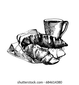 Hand Drawn Sketch of Croissants and Coffee Cup. Vintage Sketch. Great for Banner, Label, Poster
