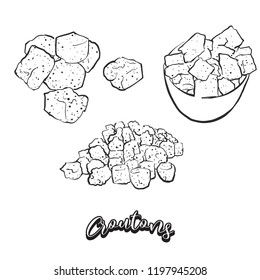 Hand drawn sketch of Croutons bread. Vector drawing of Crispy bread food, usually known in France. Bread illustration series.