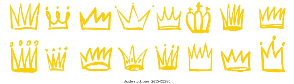 Hand drawn sketch crown ink grunge line elements of king, queen. Diadem headdress doodle set. Line graffiti chalk crayon symbol illustrations.