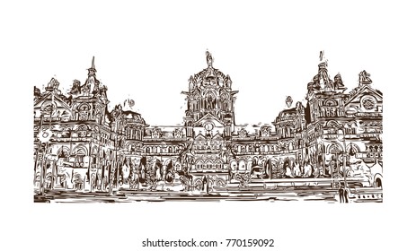 Hand drawn sketch of CST (Chatrapati Shivaji Terminal) Mumbai, India in vector illustration.