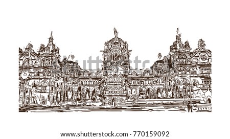 Hand drawn sketch of CST (Chatrapati Shivaji Terminal) Mumbai, India in vector illustration.
