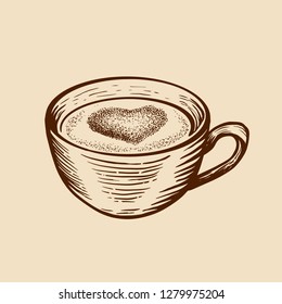 Hand drawn sketch cup of tea coffe with heart. Engraved style vector illustration.