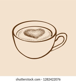 Hand drawn sketch cup of tea or coffe with heart. Vector illustration.