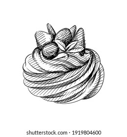 Hand drawn sketch of cupcake with berries and mint on a white background. Cupcakes, dessert, Sweets. Muffin.