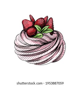 Hand drawn sketch of cupcake with berries and mint on a white background. Cupcakes, dessert, Sweets. Muffin.	
