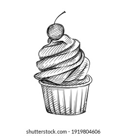 Hand drawn sketch of cupcake with cherry on a white background. Cupcakes, dessert, Sweets. Muffin.