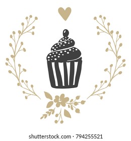Hand drawn sketch cupcake isolated on a white background with frame of branches and flowers. Objects for design. French dessert. Cute cupcake with doodles. Sweets vector illustration.