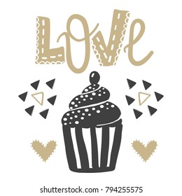 Hand drawn sketch cupcake isolated on a white background with frame of branches and flowers. Objects for design. French dessert. Cute cupcake with doodles. Sweets vector illustration.