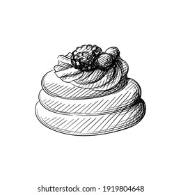 Hand drawn sketch of cupcake with raspberry on a white background. Cupcakes, dessert, Sweets. Muffin.