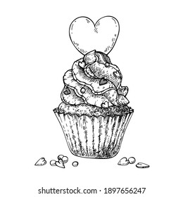 Hand drawn sketch of cupcakes with hearts and topper "Love you" for Valentine's Day.