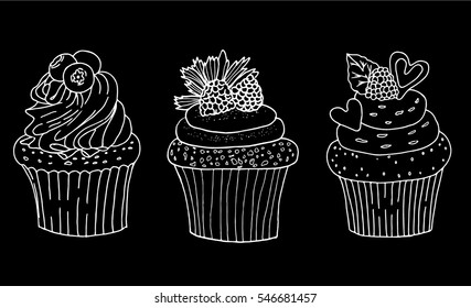 a hand drawn sketch of a cupcakes's set  in the modern style of a picture made by a pencil. A vector illustration isolated on white background