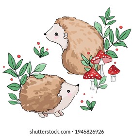 Hand drawn sketch Cute baby hedgehog and mushrooms. Woodland Design Print for T-shirt. Vector.
