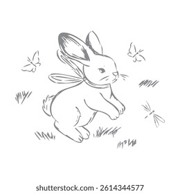 Hand drawn sketch of a cute bunny with a scarf, surrounded by butterflies and grass vintage style animal illustration for childrens design and decor