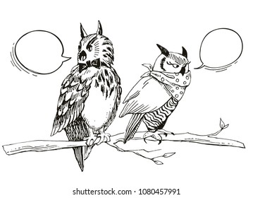 Hand drawn sketch cute cartoon owl sitting on branch and talk. Vector illustration on white background. Misunderstanding conflict opposition funny concept. Page of coloring book.