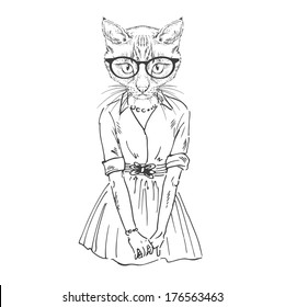 Hand drawn sketch of cute cat girl isolated on white