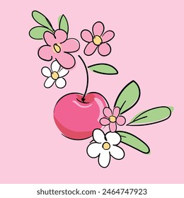 Hand Drawn Sketch Cute Cherry and flowers Background, Print Design Blossom Vector Illustration