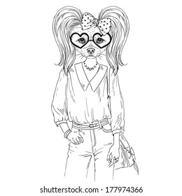 Hand drawn sketch of cute doggy girl dressed up in modern urban style isolated on white