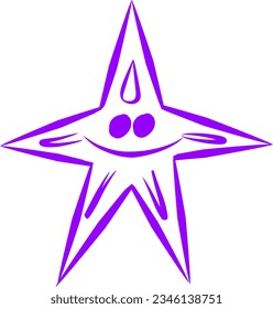 Hand drawn sketch of cute smiling purple star isolated on white background.