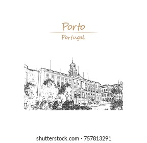 Hand drawn sketch of The Palácio da Bolsa is a historical building in Porto, Portuga in vector illustration.