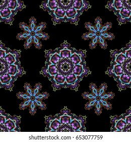 Hand drawn sketch. Damask seamless pattern in violet, blue and yellow colors. Oriental style. Design for fabric, wallpaper, background, invitation, wrapping and book covers. Vector vintage ornament.