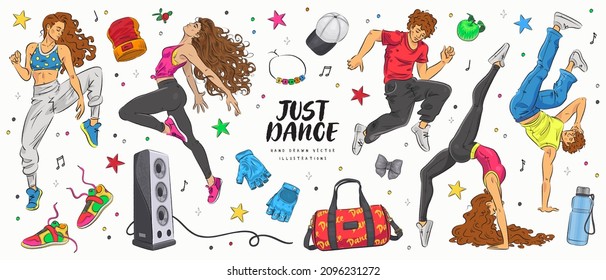 Hand drawn sketch dance studio set. Vector illustration of happy young dancing men and women