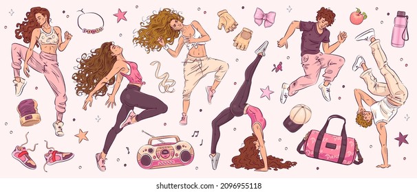 Hand Drawn Sketch Dance Studio Set. Vector Illustration Of Happy Young Dancing Man And Woman