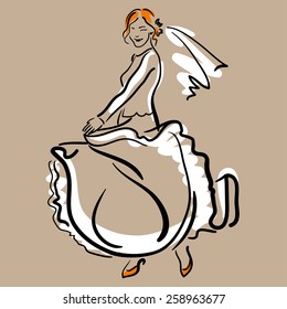 Hand drawn sketch with dancing bride in white dress.